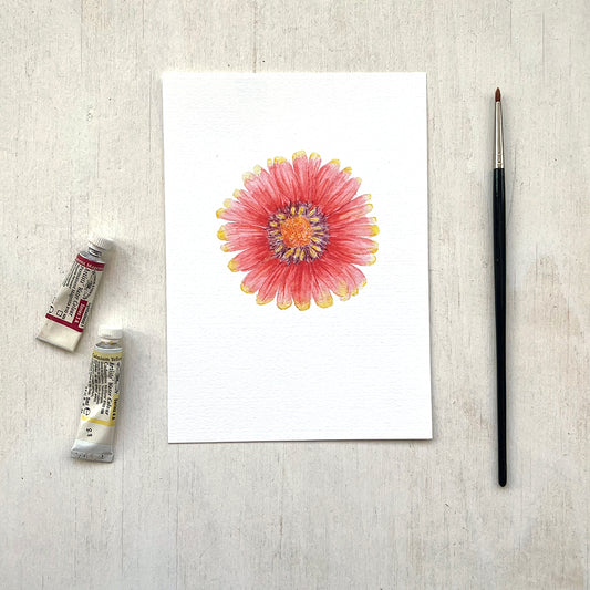 A 5 x 7 inch art print featuring a watercolour painting of a red and yellow gaillardia flower with an orange and purple center. Artist Kathleen Maunder