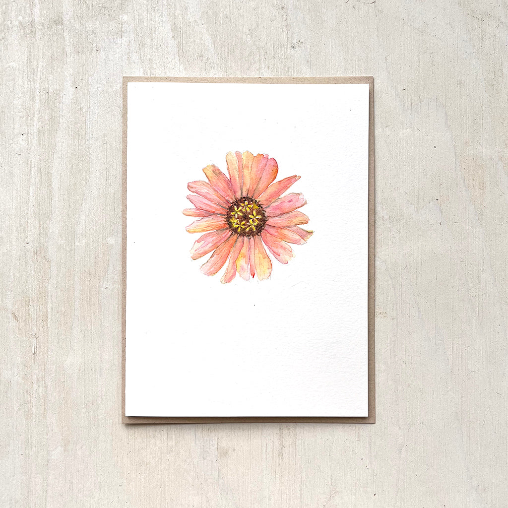 A note card with a delicate watercolor painting of a peach-coloured zinnia. Artist Kathleen Maunder.