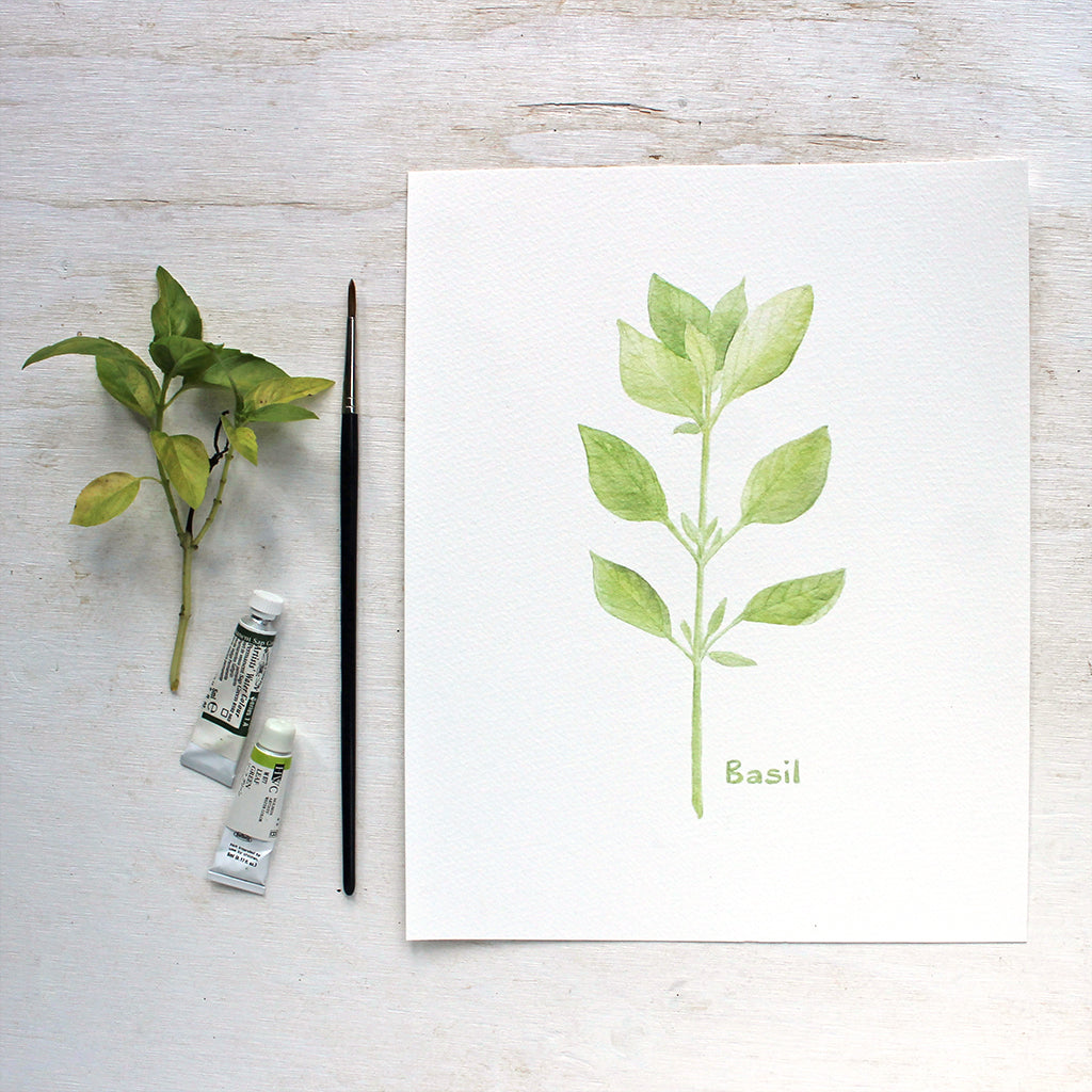 Herb Watercolor Print Basil Trowel and Paintbrush